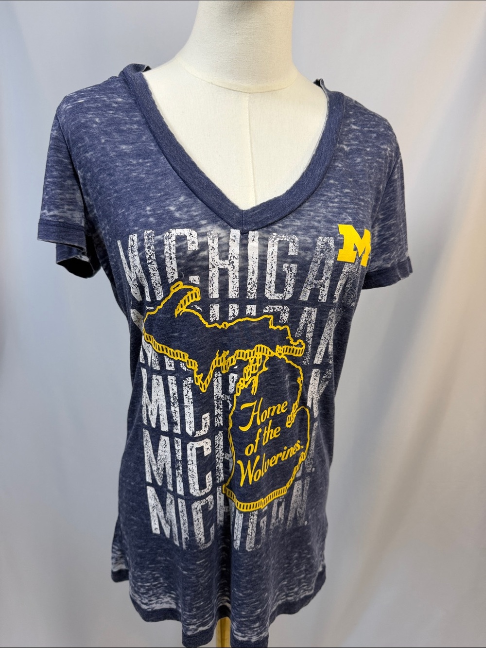 Knights Apparel Navy and Yellow Michigan Graphic V-Neck Tee - Women's